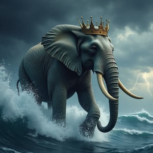 an elephant with very detailed skin texture, long tusks, wearing a crown, wearing a jet on its body, going fast from the middle of the sea, creating huge tsunami waves. The waves split. The sky is dark with a thunderstorm