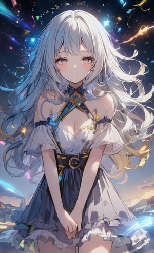 A girl with a dreamy smile, her hair waving in random blue and gold gradations, and wearing a dress with frills that sparkle like crystals. A rainbow-colored light effect spreads around her, and a fantastic night view of the starry sky spreads out in the background. The camera angle has a soft lens effect, and her figure appears vaguely, as if in a dream. The edges of the screen are decorated with twining ribbons of light. ,acryli painting,Anime style,1girl_Anime