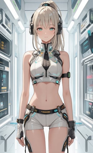 Highly detailed, masterpiece, anime illustration style,pixiv style,zero gravity space, floating woman, woman standing facing forward in high tech laboratory on bright white spaceship. Japanese woman has long blonde hair tied in a ponytail. She wears underwear with advanced futuristic details, including integrated biosensors, adaptive thermal regulation, and intricate circuit patterns. She wears a tight fitting sleeveless crop top with a high neckline in shiny light grey or off-white, featuring holographic displays, touch-sensitive controls, and glowing accents. High waisted shorts with sleek metal accents, light emitting units around the waist, nanofiber weave for enhanced flexibility, and miniature display screens. Her look is ultra-modern and sci-fi, seamlessly blending cutting-edge technology and minimalism. Smart watch on wrist with holographic projection capabilities and multiple function buttons. Wireless, bone-conduction headphones with adaptive noise cancellation and LED status indicators. Look at viewer, black front zipper with molecular bonding technology and illuminated track. The outfit incorporates translucent tubes carrying glowing liquid, multiple switches and sensors, and micro-LED displays showing real-time biometric data. Background is a laboratory environment with advanced control panels, holographic interfaces, and futuristic equipment, all visible in front of the woman.