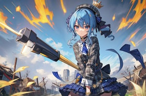 masterpiece:1.2, (best quality), (highly detailed:1.3), 1girl, hoshimachi suisei,she equip golden battle axe, grey skirt, side ponytail,sui1, solo, fingerless gloves, single thighhigh, jewelry, thigh strap, bracelet, buttons, plaid dress, blue choker, blue belt, plaid skirt, mini crown, blue ascot, long sleeves, plaid jacket