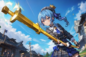 masterpiece:1.2, (best quality), (highly detailed:1.3), 1girl, hoshimachi suisei,she equip golden battle axe, grey skirt, side ponytail,sui1, solo, fingerless gloves, single thighhigh, jewelry, thigh strap, bracelet, buttons, plaid dress, blue choker, blue belt, plaid skirt, mini crown, blue ascot, long sleeves, plaid jacket