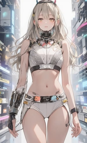 Highly detailed, masterpiece, anime illustration style,pixiv style,zero gravity space, floating woman, woman standing facing forward in high tech laboratory on bright white spaceship. Japanese woman has long blonde hair tied in a ponytail. She wears underwear with advanced futuristic details, including integrated biosensors, adaptive thermal regulation, and intricate circuit patterns. She wears a tight fitting sleeveless crop top with a high neckline in shiny light grey or off-white, featuring holographic displays, touch-sensitive controls, and glowing accents. High waisted shorts with sleek metal accents, light emitting units around the waist, nanofiber weave for enhanced flexibility, and miniature display screens. Her look is ultra-modern and sci-fi, seamlessly blending cutting-edge technology and minimalism. Smart watch on wrist with holographic projection capabilities and multiple function buttons. Wireless, bone-conduction headphones with adaptive noise cancellation and LED status indicators. Look at viewer, black front zipper with molecular bonding technology and illuminated track. The outfit incorporates translucent tubes carrying glowing liquid, multiple switches and sensors, and micro-LED displays showing real-time biometric data. Background is a laboratory environment with advanced control panels, holographic interfaces, and futuristic equipment, all visible in front of the woman.