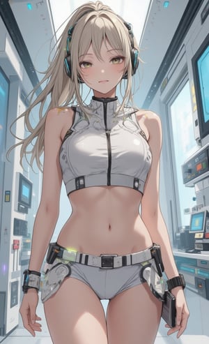 Highly detailed, masterpiece, anime illustration style,pixiv style,zero gravity space, floating woman, woman standing facing forward in high tech laboratory on bright white spaceship. Japanese woman has long blonde hair tied in a ponytail. She wears underwear with advanced futuristic details, including integrated biosensors, adaptive thermal regulation, and intricate circuit patterns. She wears a tight fitting sleeveless crop top with a high neckline in shiny light grey or off-white, featuring holographic displays, touch-sensitive controls, and glowing accents. High waisted shorts with sleek metal accents, light emitting units around the waist, nanofiber weave for enhanced flexibility, and miniature display screens. Her look is ultra-modern and sci-fi, seamlessly blending cutting-edge technology and minimalism. Smart watch on wrist with holographic projection capabilities and multiple function buttons. Wireless, bone-conduction headphones with adaptive noise cancellation and LED status indicators. Look at viewer, black front zipper with molecular bonding technology and illuminated track. The outfit incorporates translucent tubes carrying glowing liquid, multiple switches and sensors, and micro-LED displays showing real-time biometric data. Background is a laboratory environment with advanced control panels, holographic interfaces, and futuristic equipment, all visible in front of the woman.