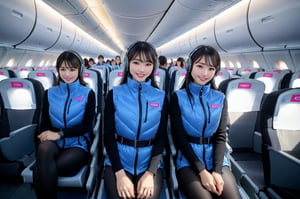 masterpiece:1.2, (best quality), (highly detailed:1.3), (portrait shot):5, (4girls):20,group shot, different color vest,BREAK (vivid pink astrovest):50, BREAK (blue astrovest):50 BREAK ,mediun wide shot,from below,enjoy,smile,,upper body,from below
(shiny astrovest), (futuristic down vest),headphone, (black tights), (black long sleeves):2, black belts, smartwatch:3,
smiles, (black long hair):2, beautiful big eyes, japanese idol girl, looking at viewer,
(seated in economy class of a bright spaceship):2, (futuristic passenger cabin):1.5,
(rows of comfortable seats):1.2, (large oval windows showing space):1.3,
(overhead compartments):1.1, (modern in-flight entertainment screens):1.2,
(soft ambient lighting):1.1, (other passengers in background):0.8, hidden hands --aspect 9:16