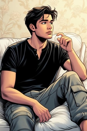 A medium-sized Asian man with short dark-haired hair, wearing a black button-down shirt and gray cargo-style pants. The man's gaze is directed towards the right side of the frame, while his left hand rests on a white pillow. The backdrop is a cream-colored floral pattern, adding depth to the composition. Rendered in vibrant American comics style with bold lines and dynamic shading.