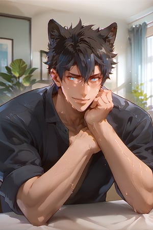 score_9, score_8_up, score_7_up, score_6_up, rating explicit,asian,solo, looking at viewer, short hair, shirt, black hair, 1boy, wolf ears, upper body, male focus, indoors, black shirt, fox ears, facial hair, table, sleeves rolled up, kemonomimi mode, head rest, realistic, stubble, resturant background, gloomy atmosphere, 