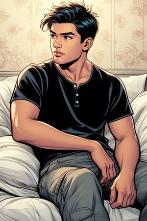 A medium-sized Asian man with short dark-haired hair, wearing a black button-down shirt and gray cargo-style pants. The man's gaze is directed towards the right side of the frame, while his left hand rests on a white pillow. The backdrop is a cream-colored floral pattern, adding depth to the composition. Rendered in vibrant American comics style with bold lines and dynamic shading.