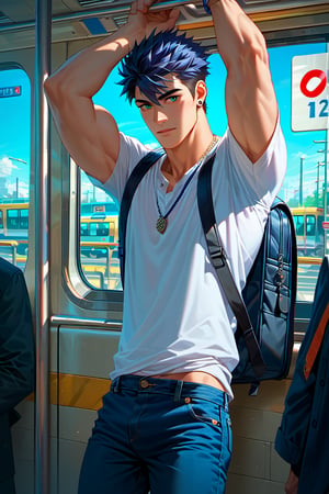 score_9, score_8_up, score_7_up, score_9_up,source_anime, masterpiece, extremely detailed, highres, Generate a heartwarming and cinematic bedroom scene. In the morning rush hour subway, a young man in a white shirt, dark blue jeans and a black backpack leans his hands on the railing above his head. Behind him, a strange man secretly lifts his pants to reveal part of his black lace underwear, his face a hint of panic and shyness, the background of the subway car crowded with passengers.