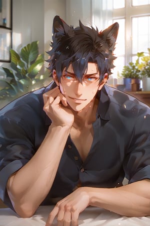 score_9, score_8_up, score_7_up, score_6_up, rating explicit,asian,solo, looking at viewer, short hair, shirt, black hair, 1boy, wolf ears, upper body, male focus, indoors, black shirt, fox ears, facial hair, table, sleeves rolled up, kemonomimi mode, head rest, realistic, stubble, 