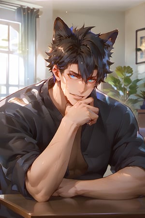 score_9, score_8_up, score_7_up, score_6_up, rating explicit,asian,solo, looking at viewer, short hair, shirt, black hair, 1boy, wolf ears, upper body, male focus, indoors, black shirt, fox ears, facial hair, table, sleeves rolled up, kemonomimi mode, head rest, realistic, stubble, resturant background, 