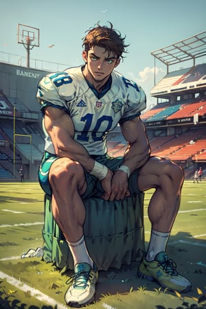 sketch, 20 yo male figure study, young football jock, white socks, sitting_down, full stocky body, football field nobody in background, pastels, by harry bush, James Montgomery Flagg and Lois van Baarle and jim french and rossdraws, detailed realistic eyes, big feet, very handsome, sea blue eyes, brown hair, holding football