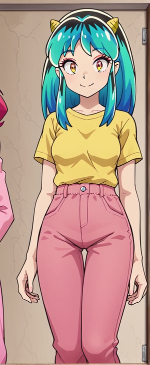  lum, oni horns, yellow  shirt, pink pants, smiling, looking at viewer,