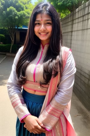 married women beautiful cute young attractive indian teenage , 16 years old, Indian village look, cute,  (attractive beutiful eyes, attractive smile and face), long black_hair, warm, dacing, wearing suit,  indian marriage function 