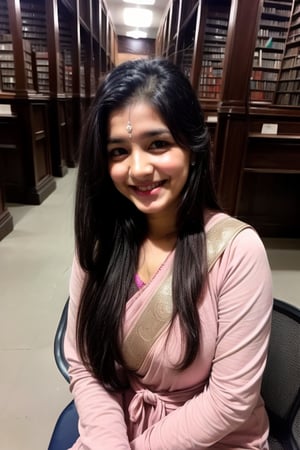 married women beautiful cute young attractive indian teenage , 16 years old, Indian village look, cute,  (attractive beutiful eyes, attractive smile and face), long black_hair, warm, dacing, wearing suit,  Indian, study in library 