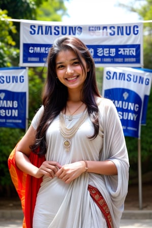 married women beautiful cute young attractive indian teenage , 16 years old, Indian village look, cute,  (attractive beutiful eyes, attractive smile and face), long black_hair, warm, dacing, wearing suit,  indian, holding banner of samsung 