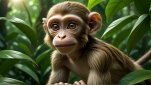 A juvenile monkey dressed in very simple style plain cloth tunic,  
happy,  detailed eyes, photorealistic,  in a lush jungle.
ancient times.