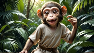 A juvenile monkey dressed in very simple style plain cloth tunic,  
very happy, smile very happily, detailed eyes, photorealistic,  in a lush jungle.
ancient times.