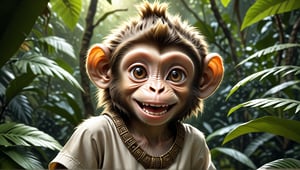 A juvenile monkey dressed in very simple style plain cloth tunic,  
very happy, smile very happily, detailed eyes, photorealistic,  in a lush jungle.
ancient times.
The monkey's head is adorned with a mohawk,