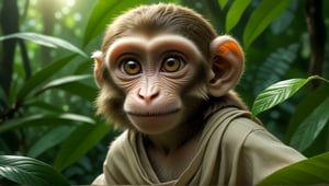 A juvenile monkey dressed in very simple style plain cloth tunic,  
happy,  detailed eyes, photorealistic,  in a lush jungle.
ancient times.