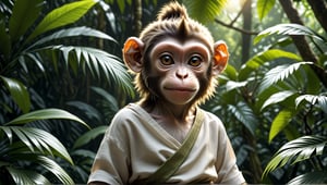 A juvenile monkey dressed in very simple style plain cloth tunic,  
happy,  detailed eyes, photorealistic,  in a lush jungle.
ancient times.
The monkey's head is adorned with a mohawk,