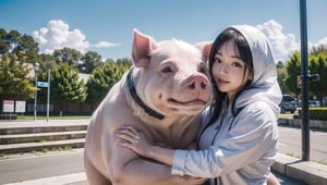 (Masterpiece), pig, wearing plain cloth, outdoors, furry, black hair,