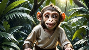 A juvenile monkey dressed in very simple style plain cloth tunic,  
very happy, smile very happily, detailed eyes, photorealistic,  in a lush jungle.
ancient times.