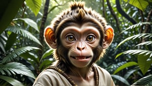 A juvenile monkey dressed in very simple style plain cloth tunic,  
happy,  detailed eyes, photorealistic,  in a lush jungle.
ancient times.
The monkey's head is adorned with a mohawk,