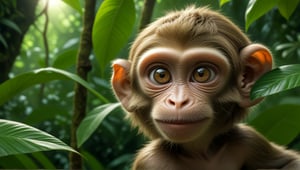 A juvenile monkey dressed in very simple style plain cloth tunic,  
happy,  detailed eyes, photorealistic,  in a lush jungle.
ancient times.