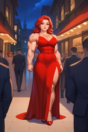 a very muscular girl, in dress, high heels, very strong arms, very strong legs, very strong calves, very strong pectorals, veins, pretty face, fine face, freckles, red hair, luxurious, chic, night, many people in the background, fine details, 8k, score_9,score_8_up,score_7_up