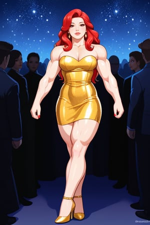 a very muscular girl, in dress, high heels, very strong arms, very strong legs, very strong calves, very strong pectorals, veins, pretty face, fine face, freckles, red hair, luxurious, chic, night, many people in the background, fine details, 8k