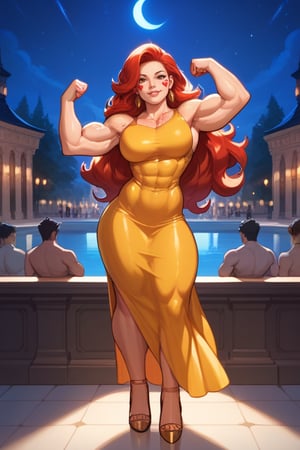 a very muscular girl, in dress, high heels, very strong arms, very strong legs, very strong calves, very strong pectorals, veins, pretty face, fine face, freckles, red hair, luxurious, chic, night, many people in the background, fine details, 8k, score_9,score_8_up,score_7_up