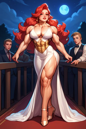 a very muscular girl, in dress, high heels, very strong arms, very strong legs, very strong calves, very strong pectorals, veins, pretty face, fine face, freckles, red hair, luxurious, chic, night, many people in the background, fine details, 8k, score_9,score_8_up,score_7_up