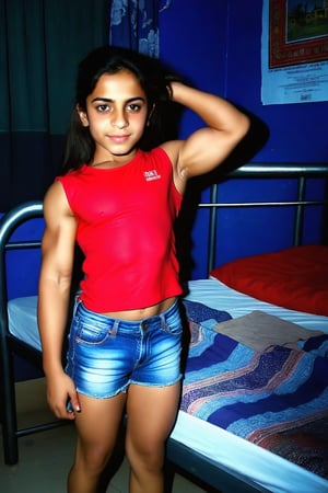 point and shoot camera of very muscular 10 year old pakistani girl at night in hostel at night. very muscular legs , very smuscular arms, jean shorts, full body, pale_skin, casual, noise, bad light