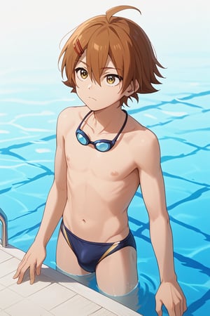 score_9,score_8_up,score_7_up,score_6_up,score_5_up,score_4_up,source_anime,BREAK,Ryota Kuzuryu,brown hair, hair ornament,hairclip,hair between eyes, yellow eyes, ahoge,swim briefs,speedo,male swimwear,on school swimming pool,light blue and gold line speedo,goggles hang from neck,elated face,look up