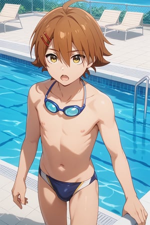 score_9,score_8_up,score_7_up,score_6_up,score_5_up,score_4_up,source_anime,BREAK,Ryota Kuzuryu,brown hair, hair ornament,hairclip,hair between eyes, yellow eyes, ahoge,swim briefs,speedo,male swimwear,on school swimming pool,water blue and gold line speedo,goggles hang from neck,elated face,look up,:3,open mouth