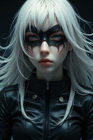 create a cat woman, inspired from matman movie, cat woman in black, dark, magical, beautiful, white hair, simple eye mask, long white hair, magic, super natural, leather attire