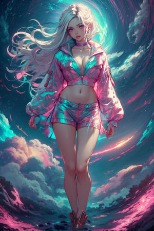 create a full body woman in pink and teal attire, jacket and mini platted skirt as attire and white long flowing hair , cosmic background