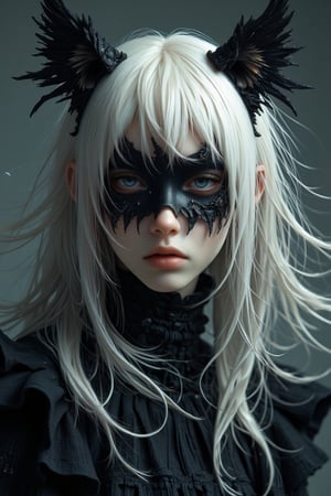 create a cat woman, inspired from matman movie, cat woman in black, dark, magical, beautiful, white hair, simple eye mask, long white hair