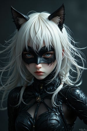 create a cat woman, inspired from matman movie, cat woman in black, dark, magical, beautiful, white hair, simple eye mask, long white hair, magic, super natural