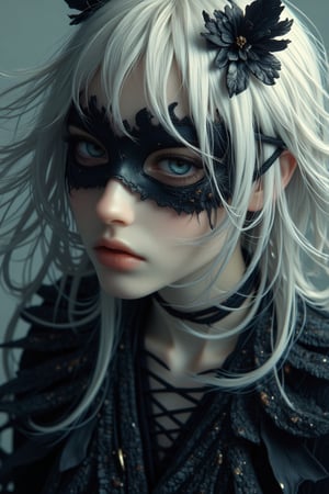 create a cat woman, inspired from matman movie, cat woman in black, dark, magical, beautiful, white hair, simple eye mask, long white hair