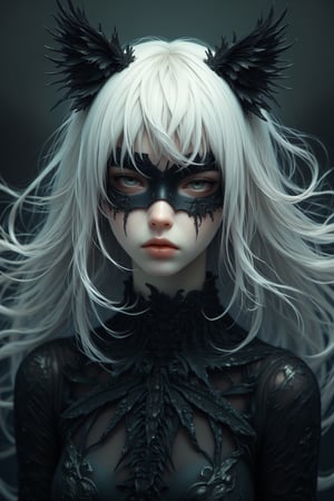 create a cat woman, inspired from matman movie, cat woman in black, dark, magical, beautiful, white hair, simple eye mask, long white hair