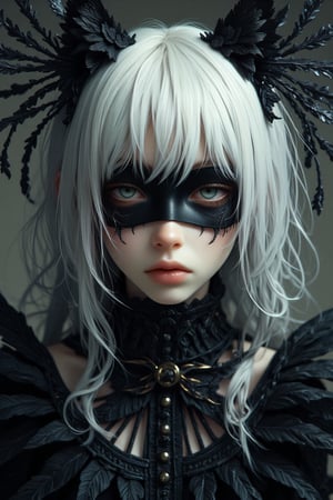 create a cat woman, inspired from matman movie, cat woman in black, dark, magical, beautiful, white hair, simple eye mask