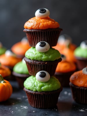 A close-up shot of a stack of Halloween-themed monster cupcakes, each one adorned with a single eye staring back at the viewer. The camera is positioned low to the ground, looking up at the cupcakes, which are arranged on a black or dark gray surface. A hint of orange or yellow lighting adds warmth and depth to the scene.