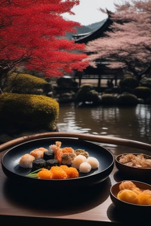 cinematic photo raw photo 4k gopro4 shot, ultra-detailed, centered view of plancha on table, Japanese food, assorted tempura, hot udon, tasty rice rolls and shushi(different color and design) on it, mochi, colorful, flowers, in a garden, lake, elegant, alluring, attractive, amazing photograph, masterpiece,product photography, best quality, 8K, high quality, photorealistic, realism, art photography, Nikon D850, 16k, sharp focus, masterpiece, breathtaking, atmospheric perspective, diffusion, pore correlation, skin imperfections, . 35mm photograph, film, bokeh, professional, 4k, highly detailed, cinematic angle, booth,chinese ink drawing,dfdd,Movie Still,ink scenery