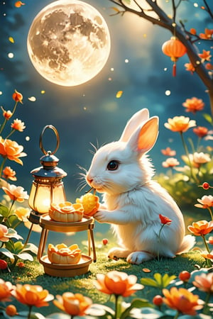 Hyperrealistic art RAW analog photo, 1 cute rabbit sitting in a beautiful garden with lots of small flowers and carrots,  and a lantern on side, (eating a mooncake:1.4), beneath the full moon's silvery gaze, 
detailed texture, volumetric light, intricate details, sharp focus, atmospheric perspective, raytracing, subsurface scattering, 