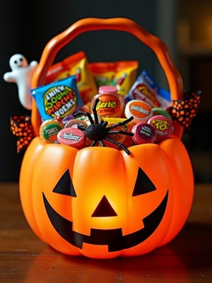 A warm orange glow illuminates a Halloween-themed pumkin basket filled to the brim with an assortment of colorful candies. Trick-or-treaters' favorite sweets like gummy worms, sour patch kids, and Reese's Pieces mingle among candy corn, chocolates, and lollipops. A miniature ghost and plastic spider add a playful touch, while a spider web-patterned ribbon wraps around the handle.