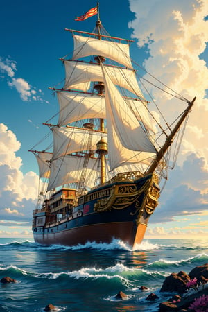 from front, An imaginative and impressionist depiction of , a large ship, (masterpiece, top quality, best quality, official art, beautiful and aesthetic:1.2), Very detailed, simple composition, maritime, Higaki Kaisen Japanese Ship, on the sea, gilded, splendid, a wide ship, ancient, wooden, sailing ship, Full, So much that it fills up, gold money, coral, treasure box,straw rice bag, illustrations, cute cartoon, scenery,oil and watercolor painting