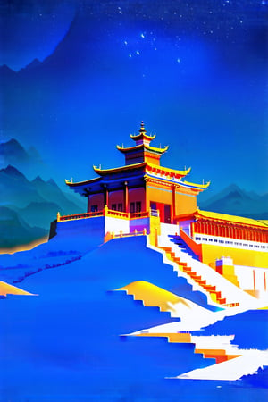 outdoors, sky, stars , starry, starlit night sky, mountains, At the summit, no humans,an impressive building stands, with a golden roof and white walls, a typical Tibetan architectural style,