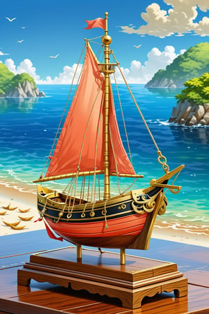  Very detailed, simple composition, maritime, on the sea, (solo), gilded, splendid, a ship,(single sail), (single layer stand in the middle of the boat), ancient, wooden, sailing ship, Full, So much that it fills up, gold money, coral, treasure box,straw rice bag, illustrations, cute cartoon, scenery, 