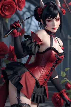 make it realistic of  eliza from tekken is an extremely pale woman with red eyes, short black hair with very long sidelocks, prominent horns on her head, and a large black tattoo going from her chest to her neck. She wears red high heels, black stockings, rose vines on her shins, and a dress that mixes victorian era and gothic lolita designs with a bright red corset, puffy arm sleeves, frilly skirt, and long coattails
